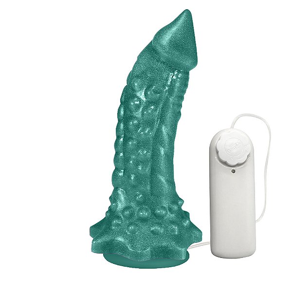 Pênis Feito em PVC Flexível com Massageador Reptile com Vibrador 18 x 4,5cm Verde Cintilante