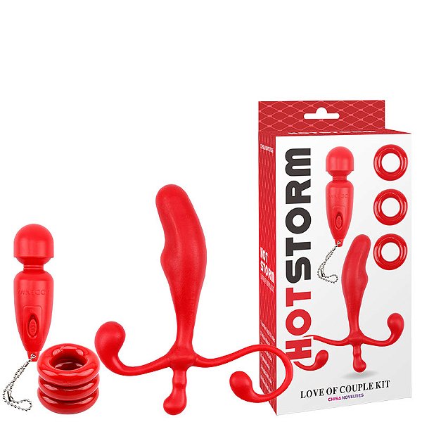 Kit com Massageador de Próstata, Mini Massageador e Conjunto de 3 Anéis Penianos – HOTSTORM LOVE OF COUPLE KIT – PM-017