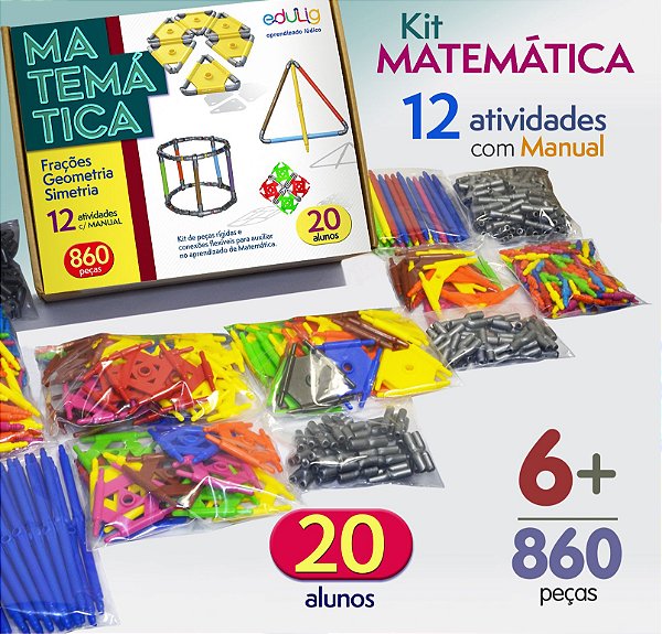 Kit Educativo Edulig Matemática Geometria até 20 alunos - 12 atividades - frações - geometria - simetria - Manual do Professor - 561 peças e conexões