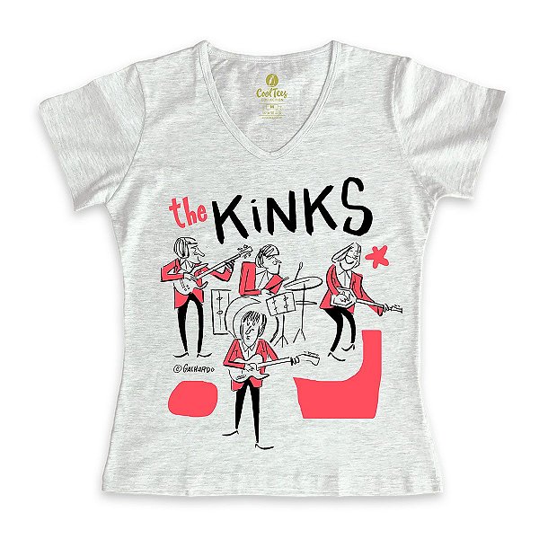 Camiseta Feminina Gola V Rock Cool Tees Caco Galhardo Banda The Kinks