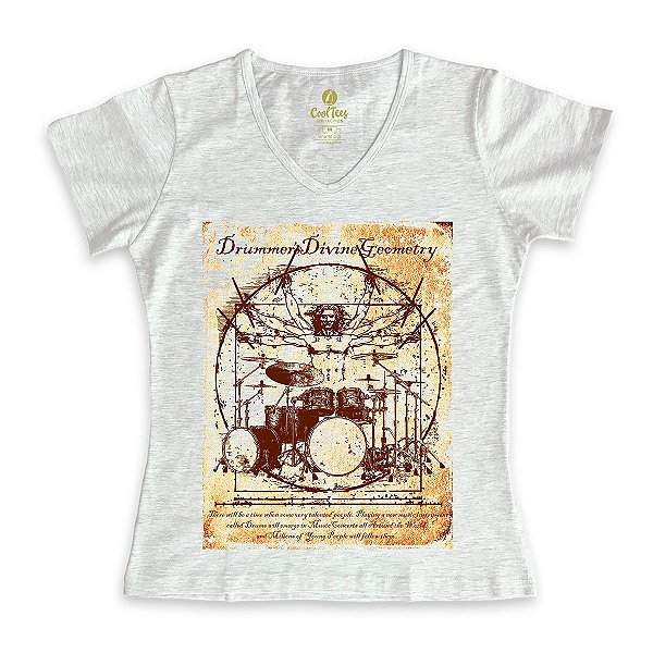 Camiseta Feminina Gola V Rock Cool Tees Bateria Da Vinci