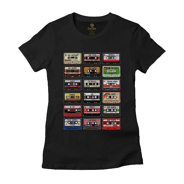 Camiseta Feminina Cool Tees Musica Fitas Cassete Anos 80