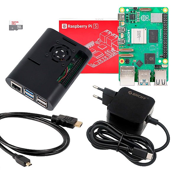 Kit Raspberry Pi 5 4GB com Cartão MicroSD 128GB, Case, Cooler, Dissipadores, Fonte, Cabo MicroHDMI