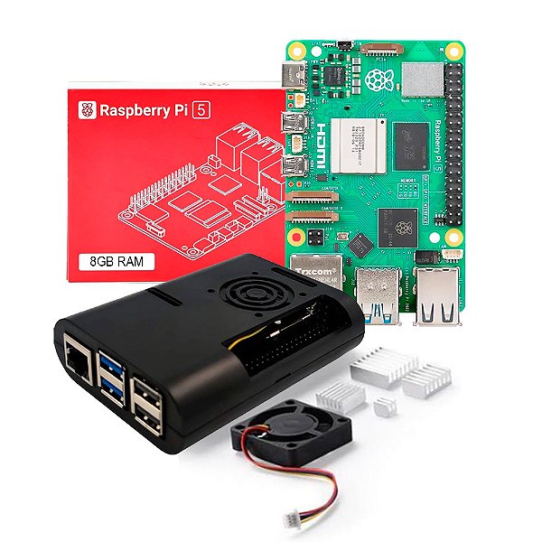 Kit Raspberry Pi 5 8GB com Cartão MicroSD 64GB, Case, Cooler, Dissipadores, Fonte, Cabo MicroHDMI