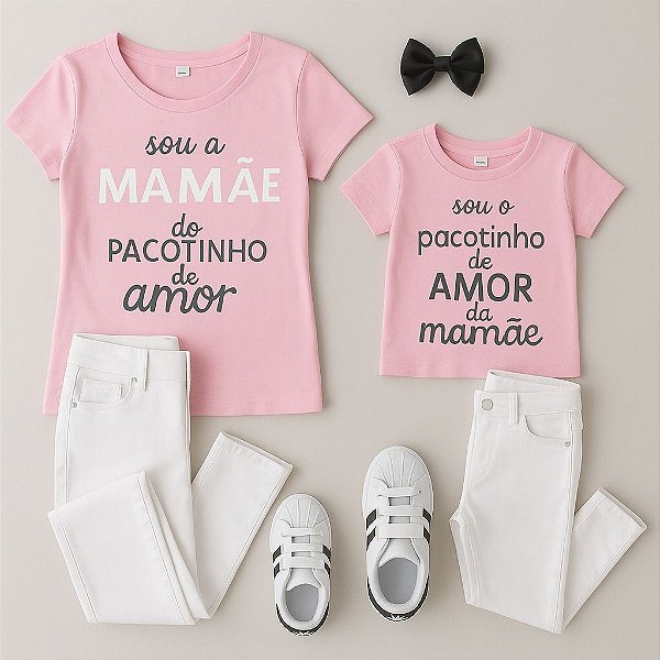 Kit Mãe e filha t-shirts  Pacotinho de amor rosa