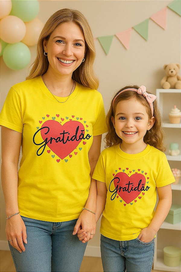 T-shirts Mãe e filha amarela Gratidão