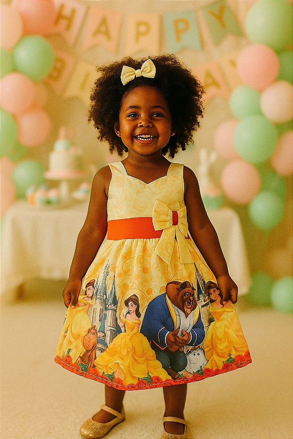 Vestido de festa infantil Bela Amarelo simples