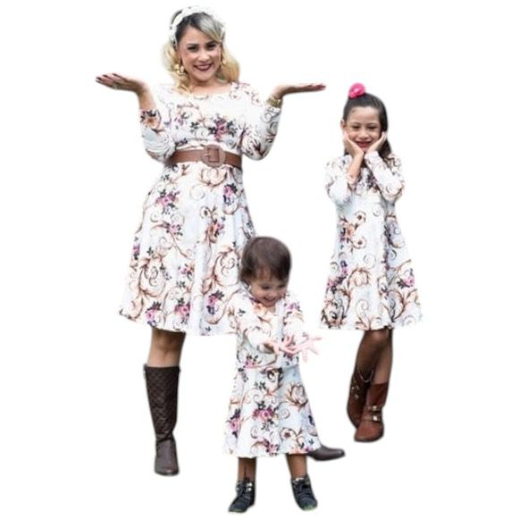 Kit Mãe e filha Vestido inverno manga cumprida flores