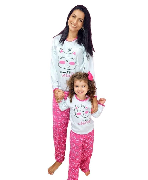 Pijama Adulto Feminino Inverno Gatinha Rosa
