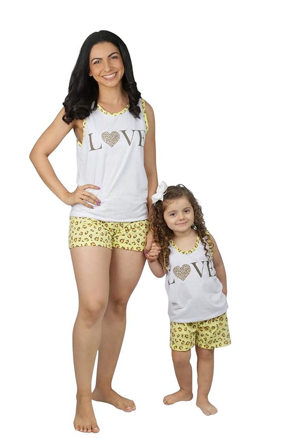Kit Pijama Verão Mãe e Filha Love Amarelo