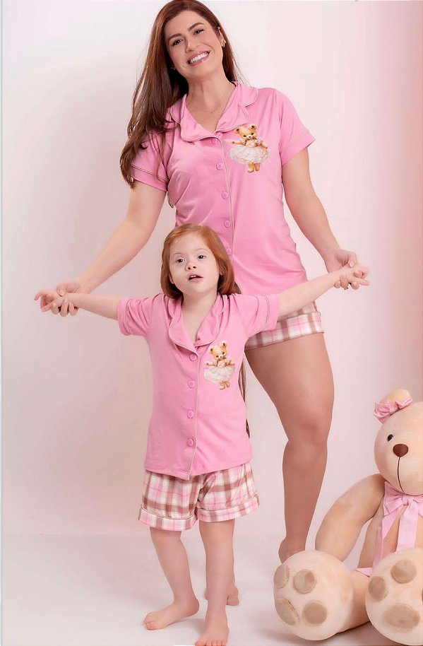 Kit Pijama Mãe e filha Verão Americano Urso Rosa