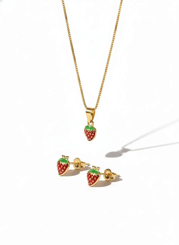 Conjunto Infantil Colar e Brincos Morango Dourado