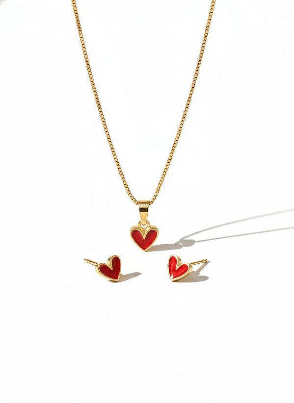 Conjunto Infantil Colar e Brincos Coração Dourado