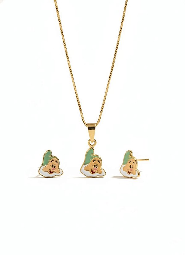 Conjunto Infantil Colar e Brincos Personagem Encantado Dourado
