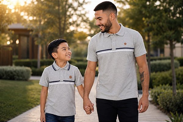 KIT CAMISETA PAI E FILHO POLO LISTA CINZA