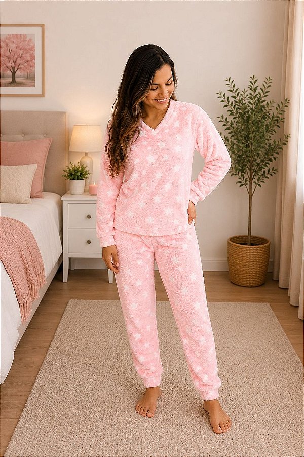 Pijama Feminino Plush rosa com estampa de estrela