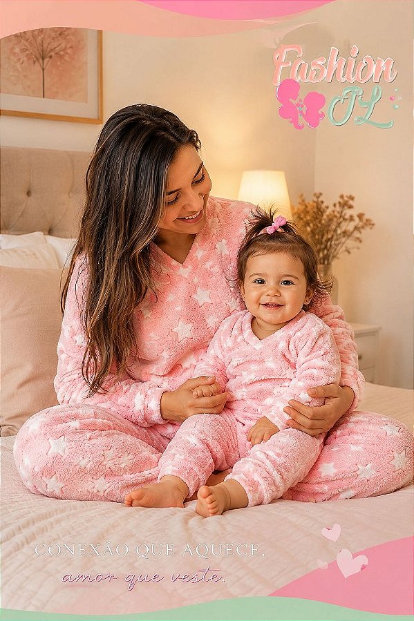 Pijama Mãe e Filha Soft Rosa com Estampa de Estrelas