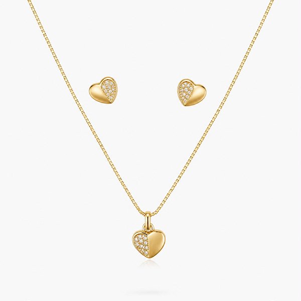 Conjunto Semi-Joia Coração dourado chavejado zircônia