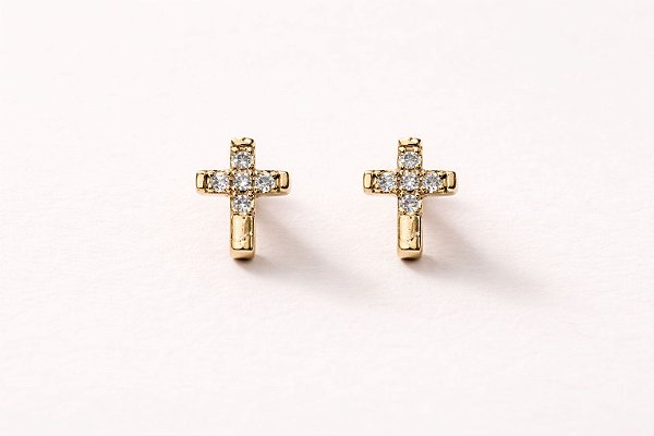 Brinco Semi-Joia dourada cruz com zircônia