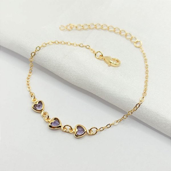 PULSEIRA DOURADA 3 CORAÇÕES UVA