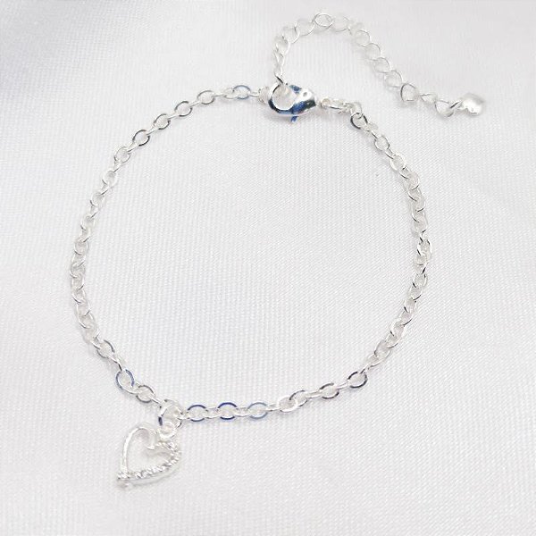PULSEIRA PRATA ELO CADEADO COM CORAÇÃO FIO MEIO CRAVEJADO
