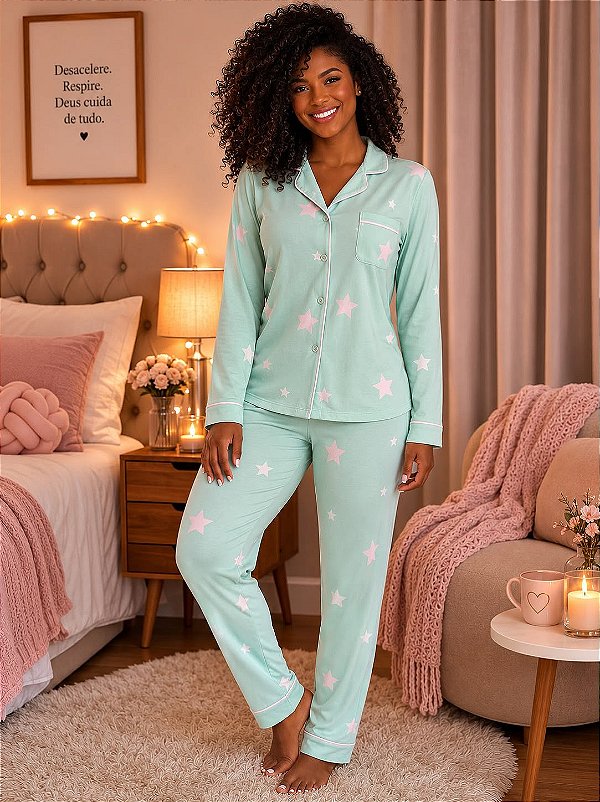Pijama Feminino Americano verde claro