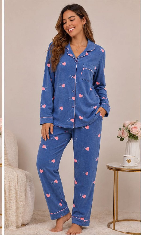 Pijama Feminino Americano Plush Azul