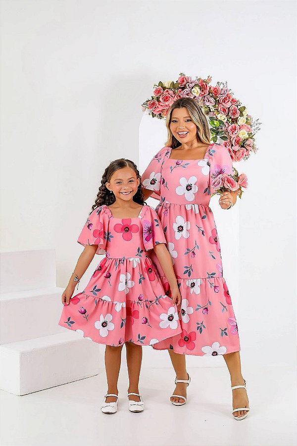 Vestido Tal Mãe, Tal Filha Flores Rosa– Kit Mãe e Filha