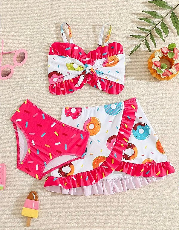 kit 3 peças Biquíni infantil donuts rosa com saida de praia