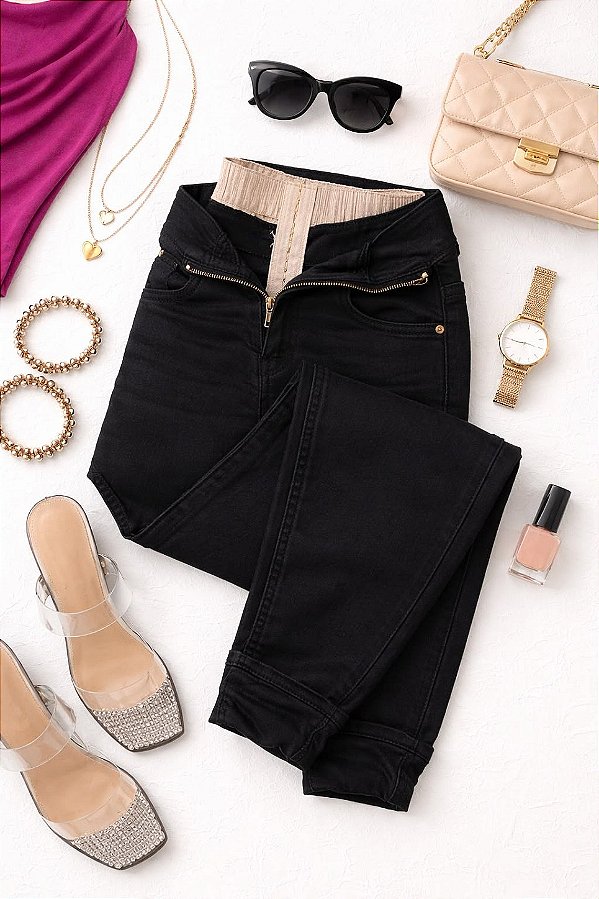 Calça Jeans Feminina Preta Cintura Alta