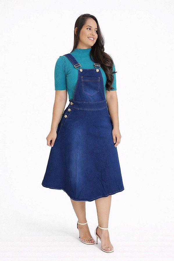Jardineira Jeans Feminina Midi com Alças Reguláveis e Bolsos