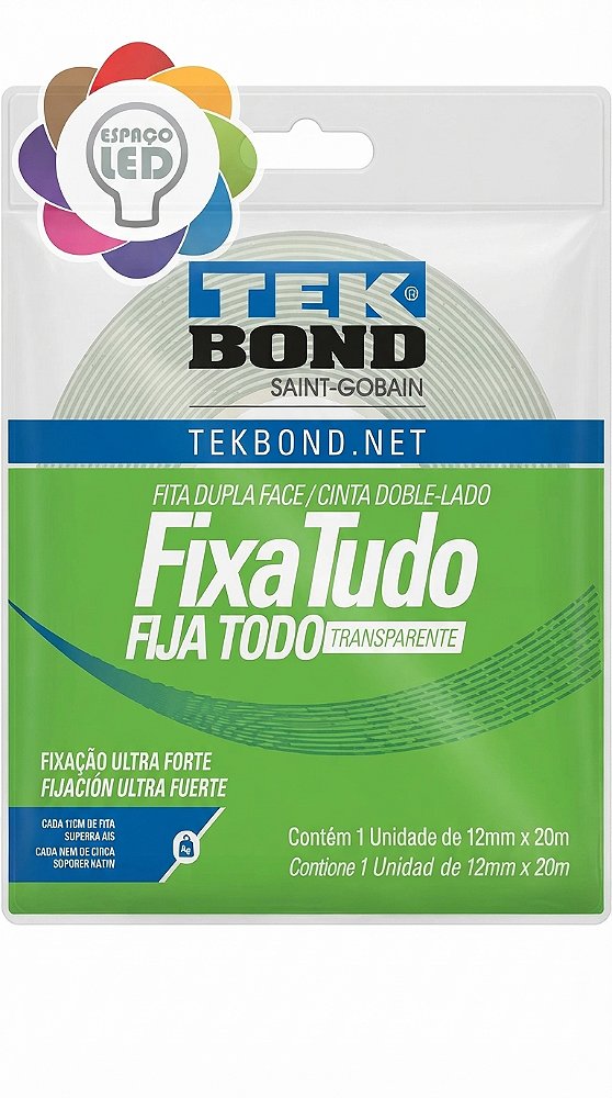 Fita Dupla Face Acrílica Transparente Fixa Tudo 12mm x 20m Uso Interno Tekbond