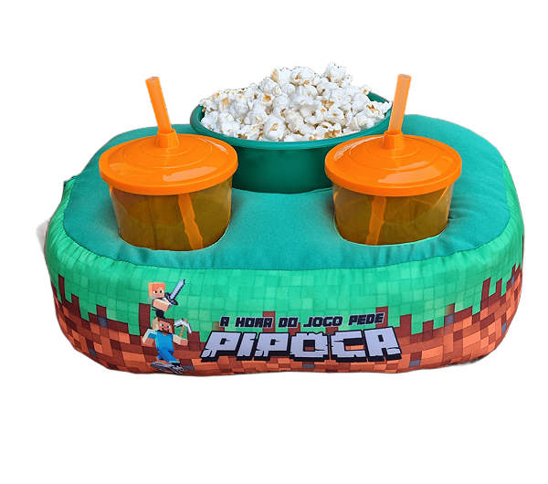 ALMOFADA KIT PIPOCA MINECRAFT + 2 COPOS COM TAMPA E CANUDO