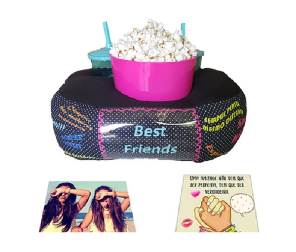 ALMOFADA KIT PIPOCA AMIGAS PORTA RETRATO + 2 COPOS COM TAMPA E CANUDO