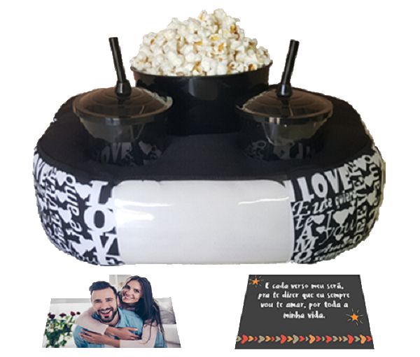 ALMOFADA KIT PIPOCA LOVE PORTA RETRATO + 2 COPOS COM TAMPA E CANUDO
