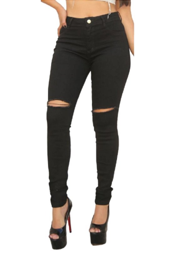 Calça Jeans Feminina Preta Rasgada no Joelho