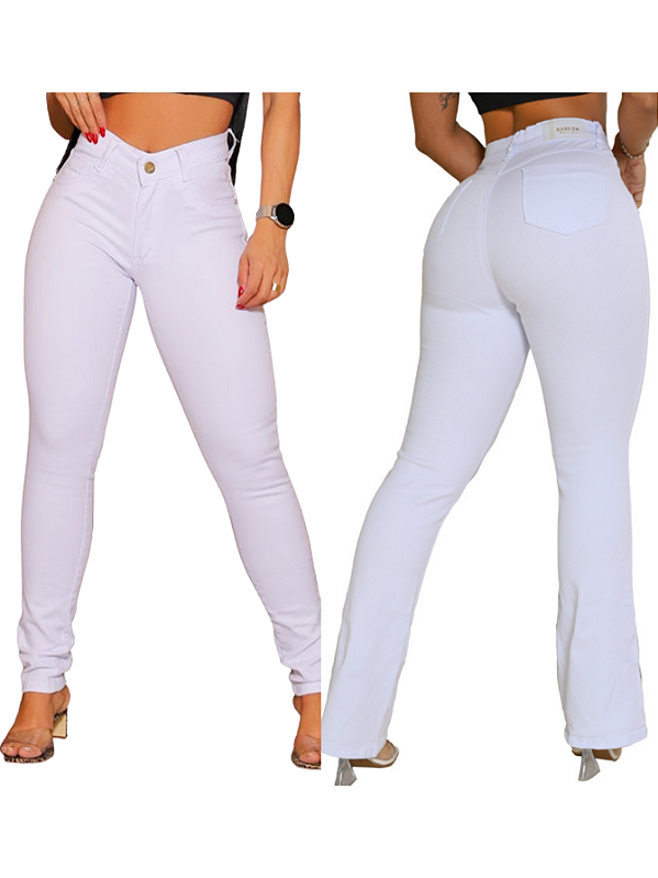 Kit 2 Calças Jeans Femininas Flare e Skinny Branca Premium