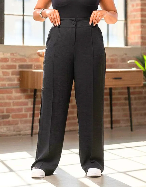 Calça Feminina Pantalona Plus Size Wide Leg Cós Alto Duna Premium