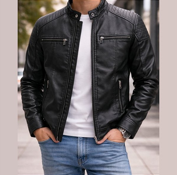 Jaqueta Masculina Couro Sintético Impermeável Térmica Slim Inverno