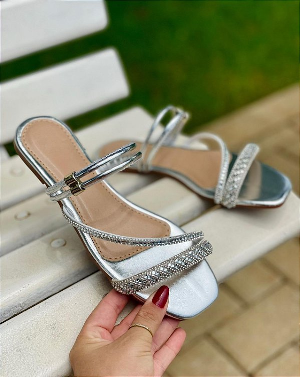 Sandália Feminina Com Strass pedrinha prata no Atacado