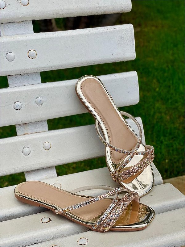 Rasteirinha Feminina Com Strass pedrinha Ouro no Atacado