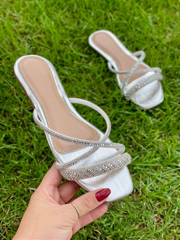Rasteirinha Feminina Com Strass pedrinha Prata no Atacado
