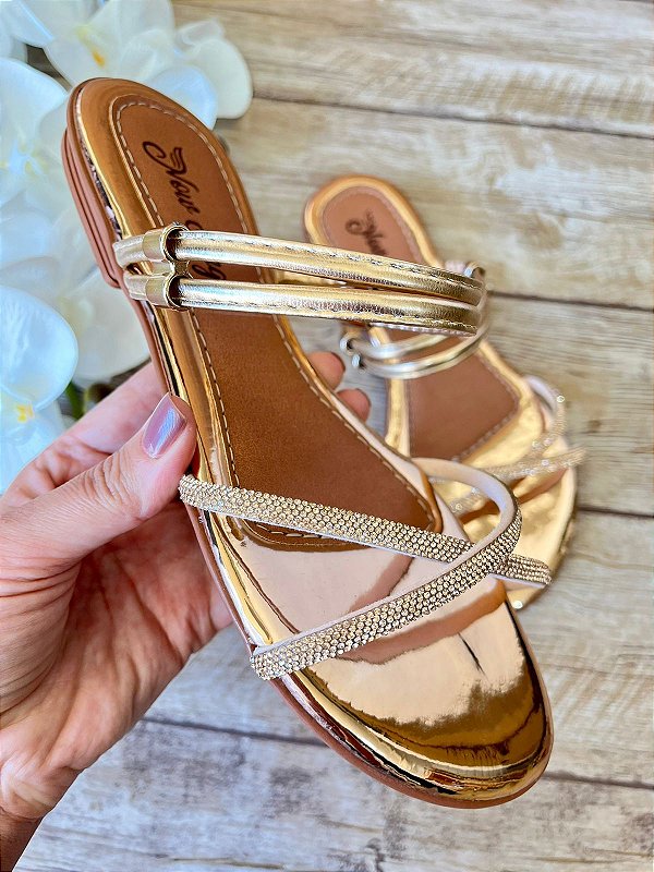 Sandália Rasteirinha Feminina Com Strass Luxo na Frente no Atacado