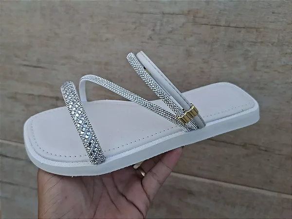 Sandália Papete Feminina Branca com Strass no Atacado