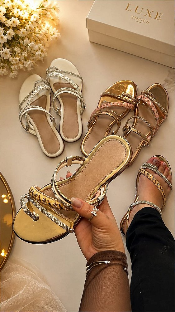 Sandália Rasteira de Luxo Feminina Com Strass pedrinhas Ouro no Atacado