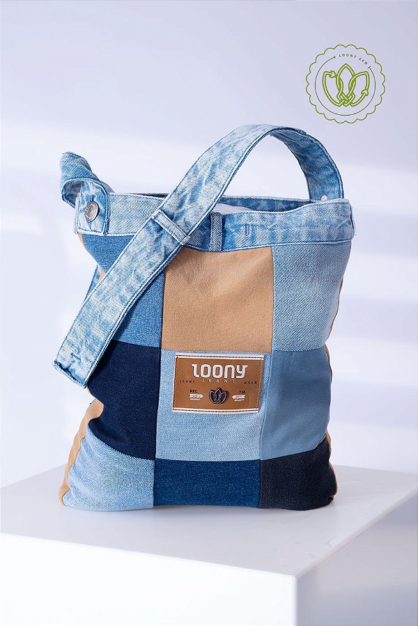 Bolsa Tote Patch Quadros Denim (Upcycling)