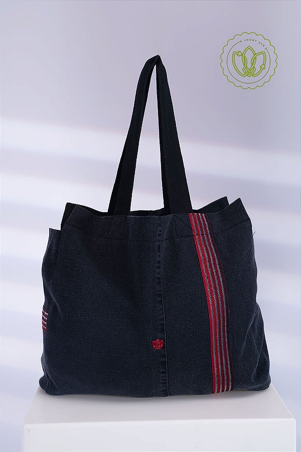 Bolsa Tote Indigo Faixa Bordeaux (Upcycling)