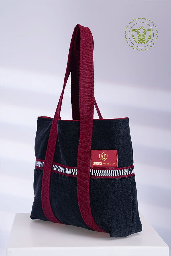 Bolsa Tote Indigo Faixa Bordeaux (Upcycling)
