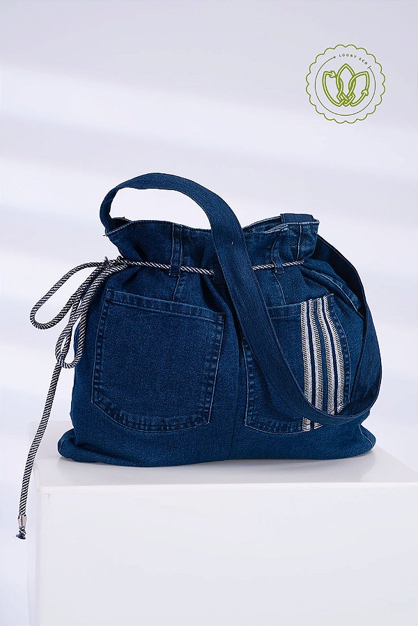 Bolsa Bucket Denim Cordão Listras (Upcycling)