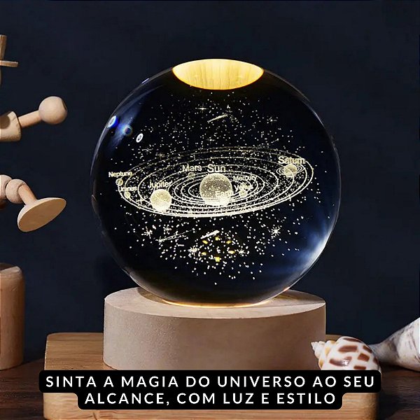 Luminária 3D Planetária Sistema Solar em Esfera de Cristal com Base de Madeira Universo Abajur LED USB